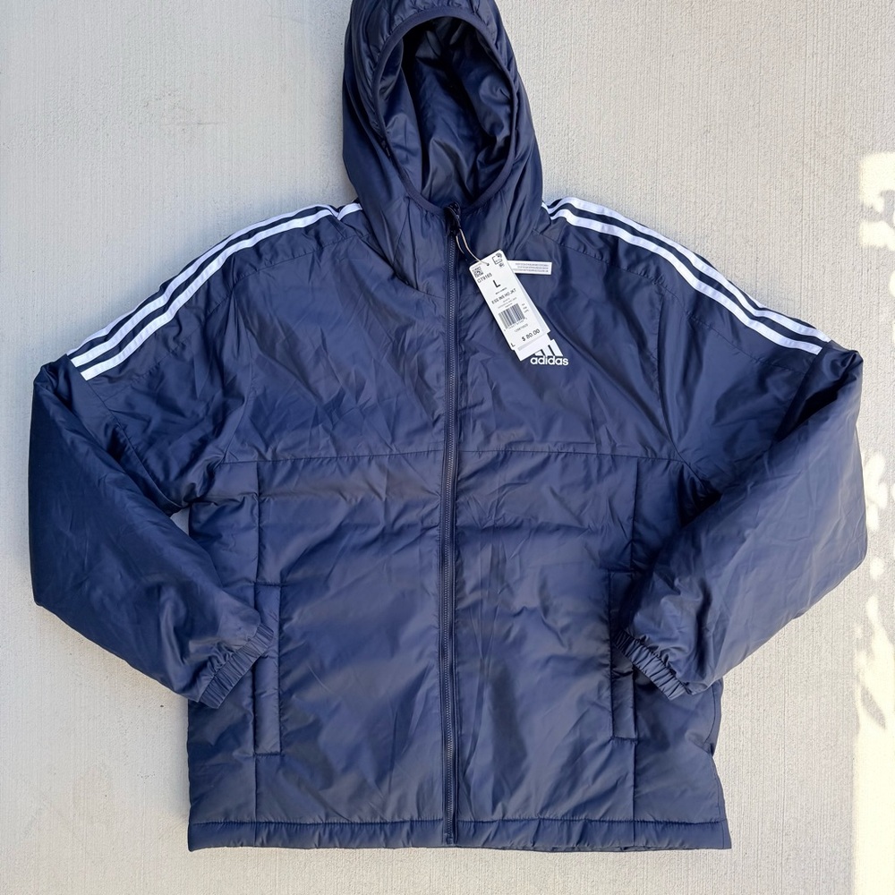 NWT Adidas 3-Stripe Insulated Puffer Jacket Men's Large Navy Blue Hooded
